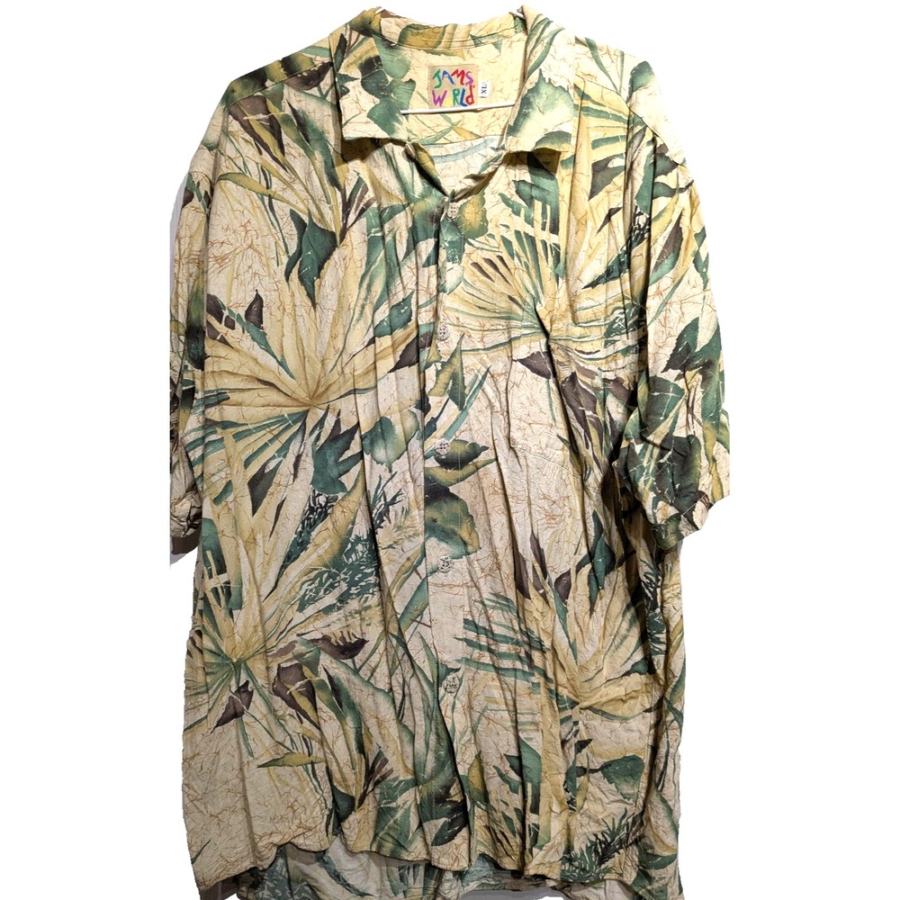 Vtg. Jams World Shirt Mens XL Green Beige Liana Hawaiian Aloha Rayon Made in USA